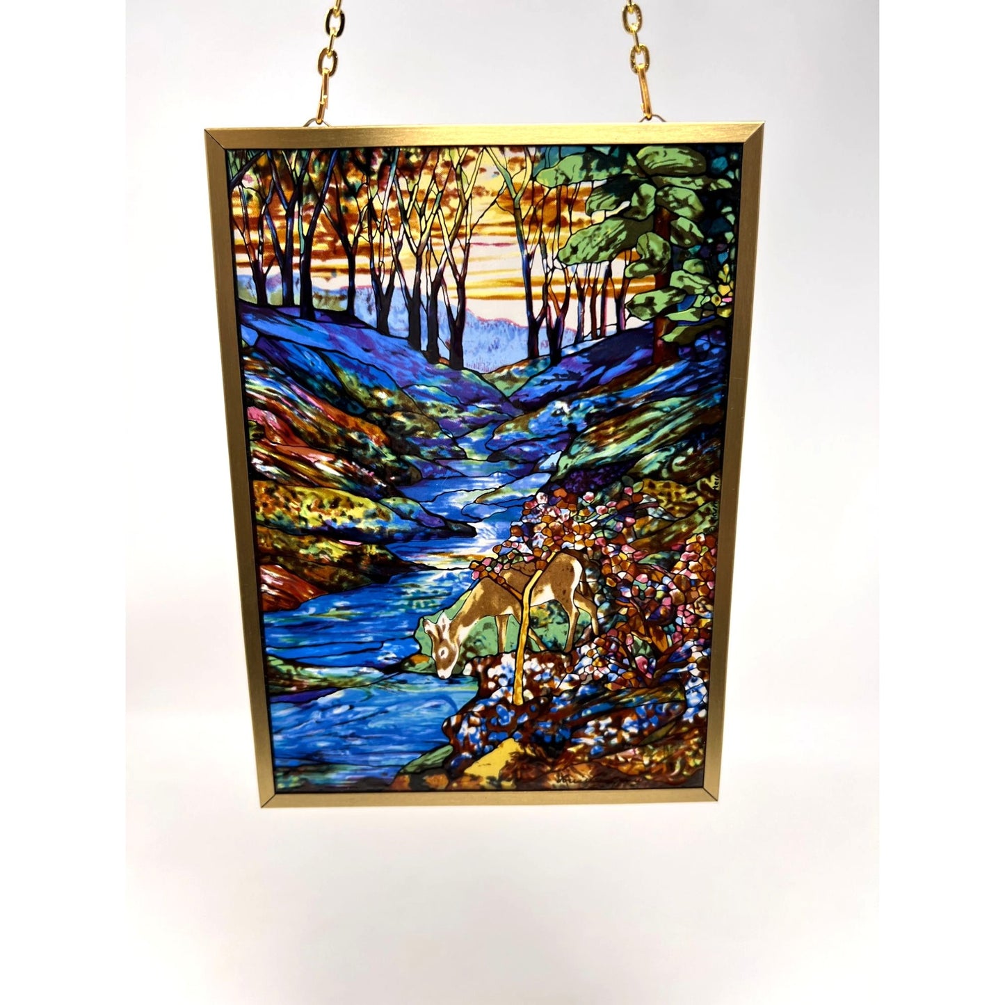 Vintage Louis Tiffany Stained  Painted Glass Panel Reproduction Glassmasters 7.5 " x 5.5"