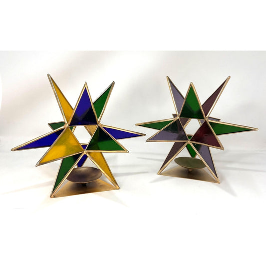 2 - Stained Glass Moravian Star Tea Light Candle Holders Vintage 8" Christmas