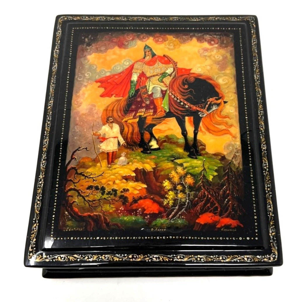 Vintage Signed Russian Lacquer Box Kholui Palekh Ilya Muromets & Svyatogor 5.5x7.5 1980's