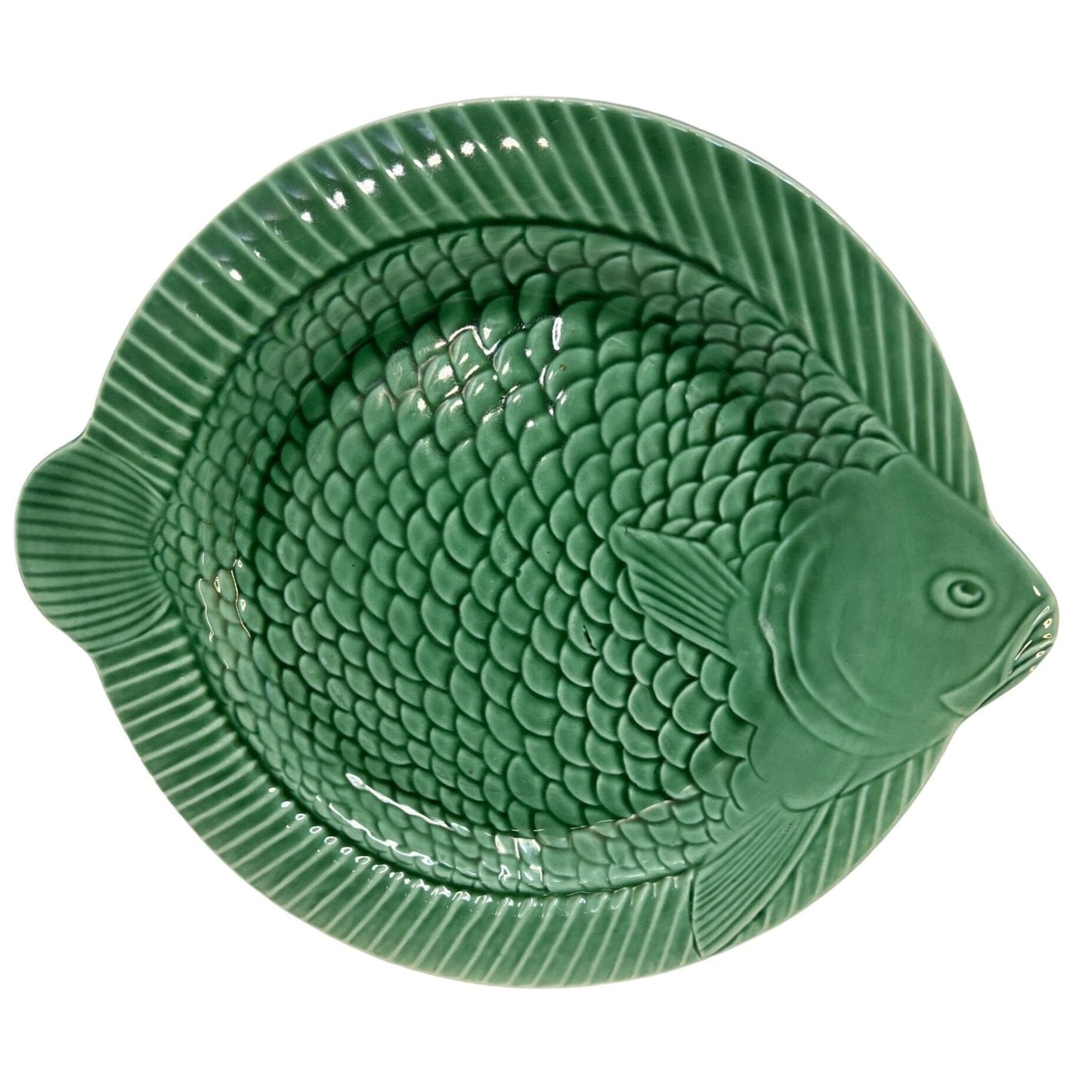 Vintage Sarreguemines Green Majolica Fish 6 Dinner Plates French MCM 1950 RARE