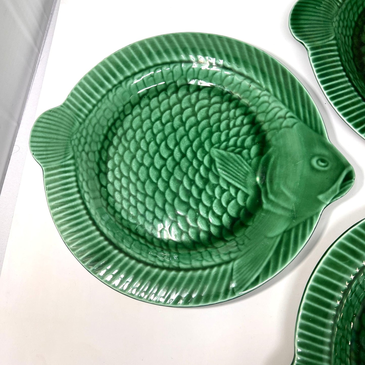 Vintage Sarreguemines Green Majolica Fish 6 Dinner Plates French MCM 1950 RARE