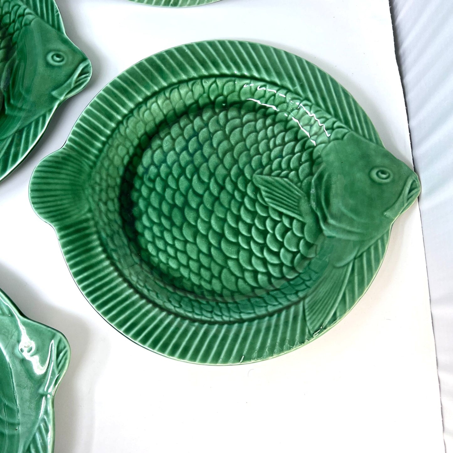 Vintage Sarreguemines Green Majolica Fish 6 Dinner Plates French MCM 1950 RARE