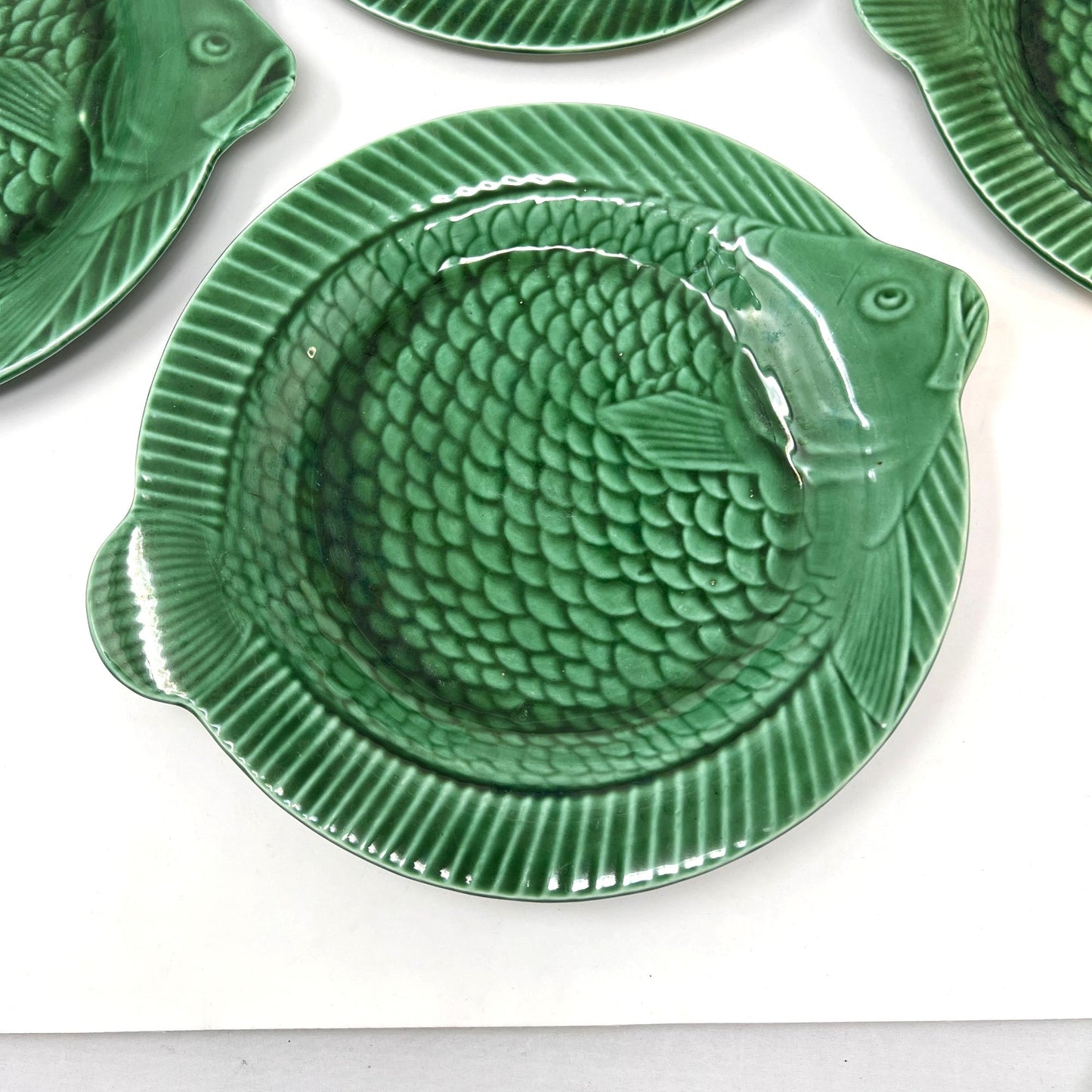 Vintage Sarreguemines Green Majolica Fish 6 Dinner Plates French MCM 1950 RARE